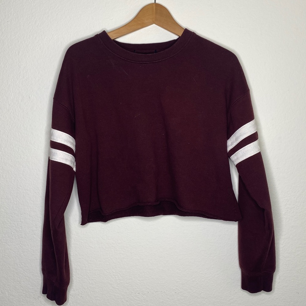Cropped Burgundy Varsity Sweater w White Arm Bands